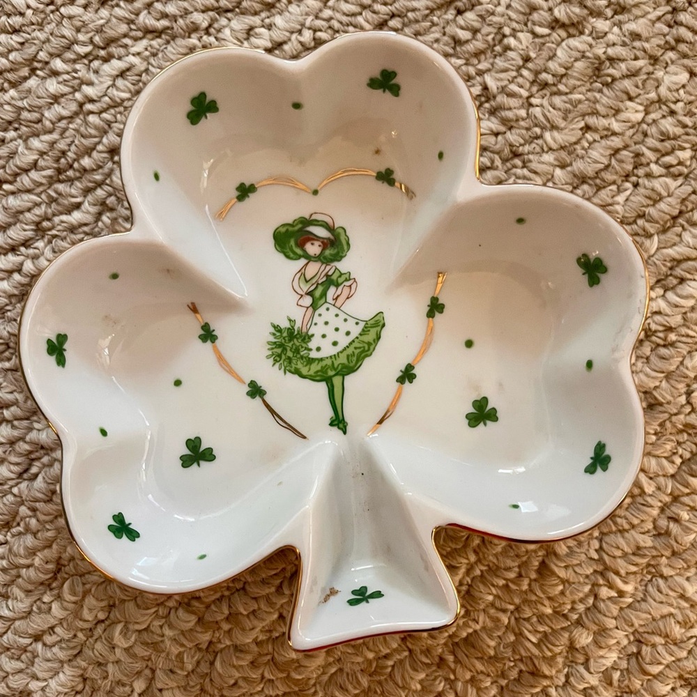 Lefton Shamrock Ceramic Dish with Green Accents and Irish lass.